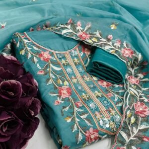 Multi-Color Roman Silk Suit with Heavy Floral Kashmiri Work & Organza Silk Dupatta