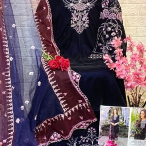 Luxurious Navy Blue Velvet Pakistani Suit with Multi-Color Embroidery and Cut-Work Dupatta