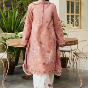 embroidered dusty pink lawn suit with floral kurta & white trousers