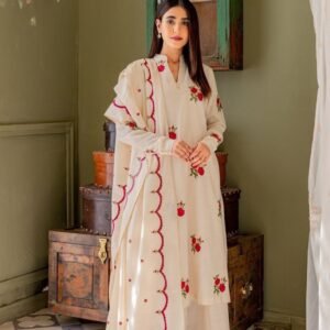 ivory rose embroidered lawn suit with scalloped dupatta