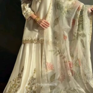 ivory silk gharara suit with floral organza dupatta & zari work